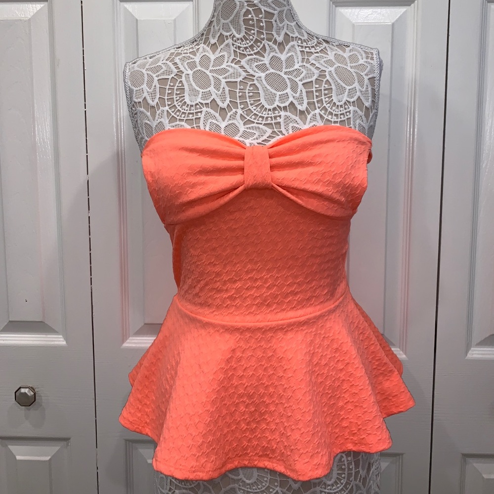 Charlotte Russe- Coral Bow Strapless Peplum Top